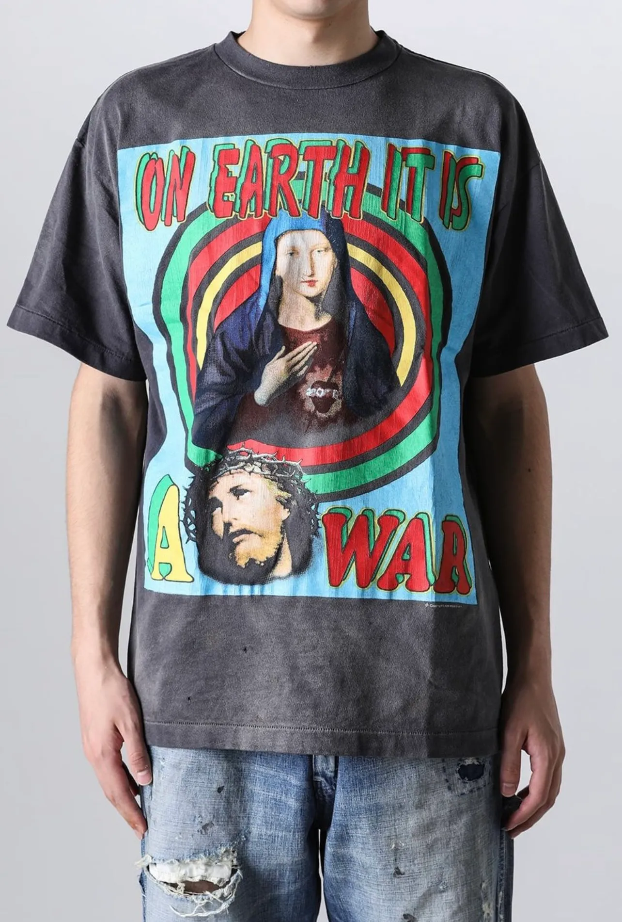 SAINT MICHAEL SS TEE/ON EARTH/BLK Jesus, Mary, Holy Infant Earth TEE Ready-to-wear Assut special piece dyeing, washed and distressed Vintage process, front and rear super complex super large printing, top purchasing agent technology